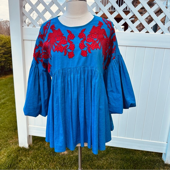 Anthropologie Hemant & Nandita Blue Lianna Embroidered Blouse Size S - Picture 9 of 16